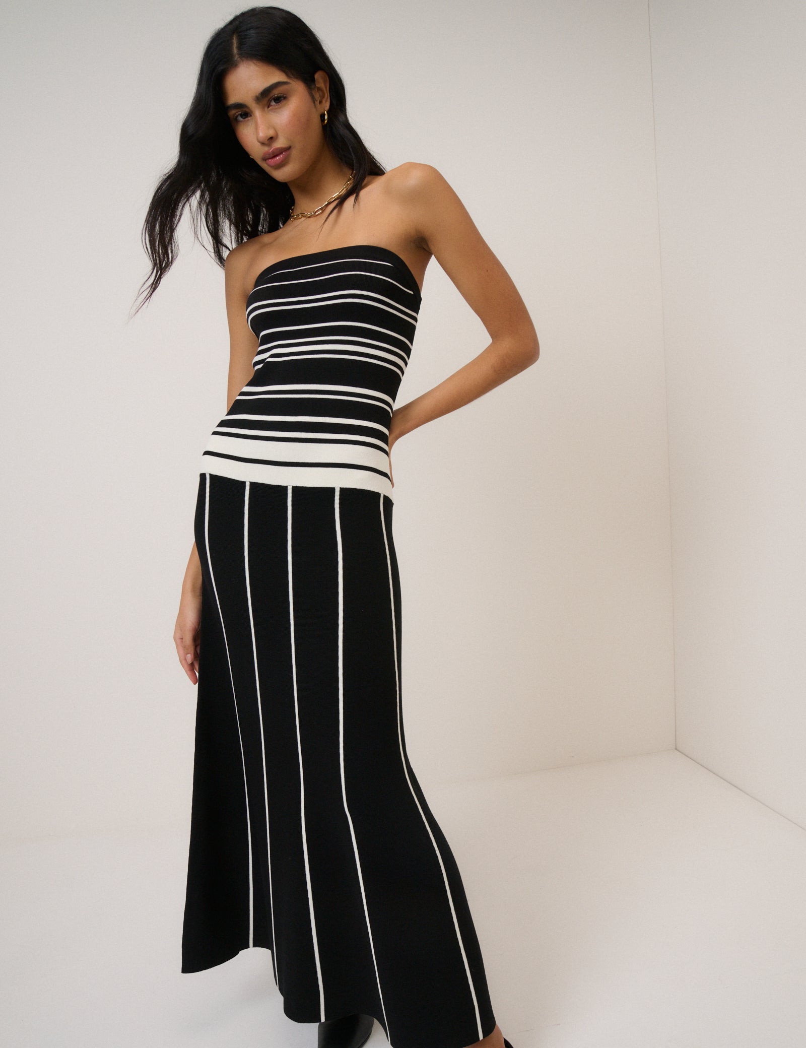 Black Striped Knitted Bandeau Midi Dress Black Striped Knitted Bandeau Midi Dress