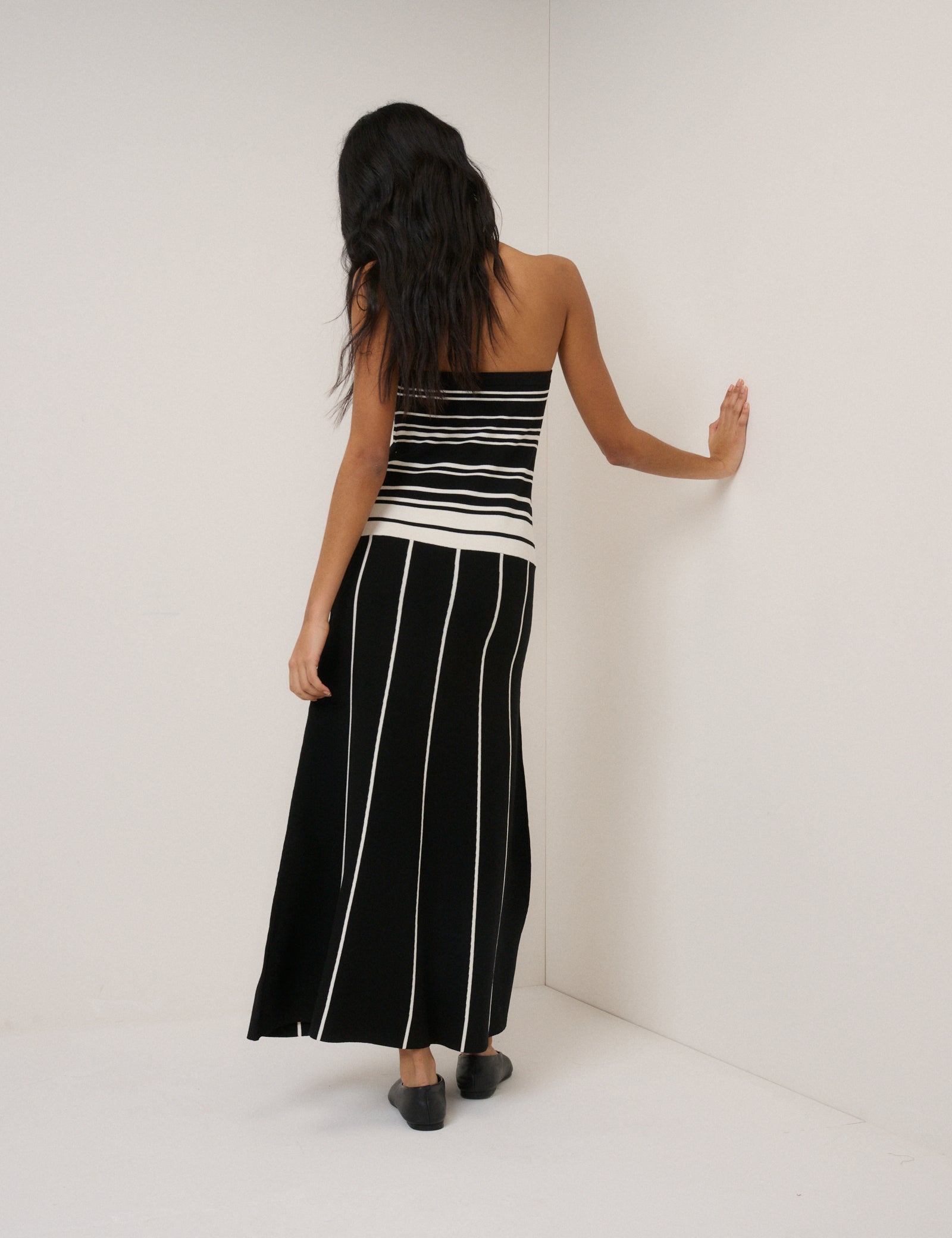 Black Striped Knitted Bandeau Midi Dress