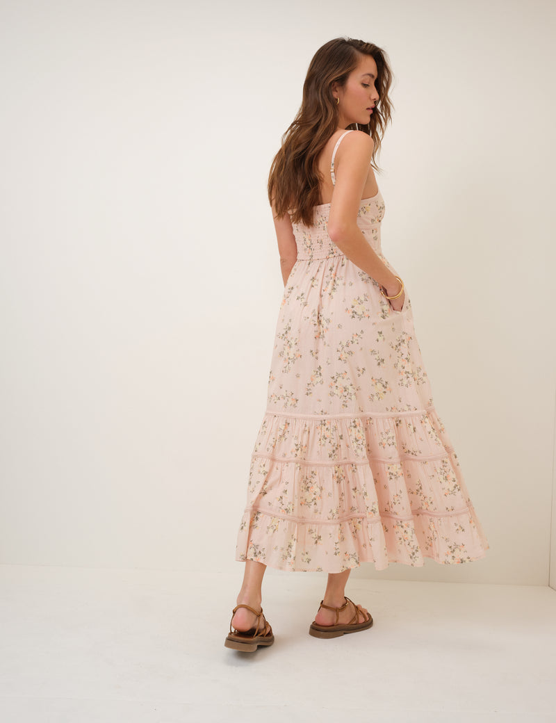 Pink Floral Tiered Veronica Midi Dress