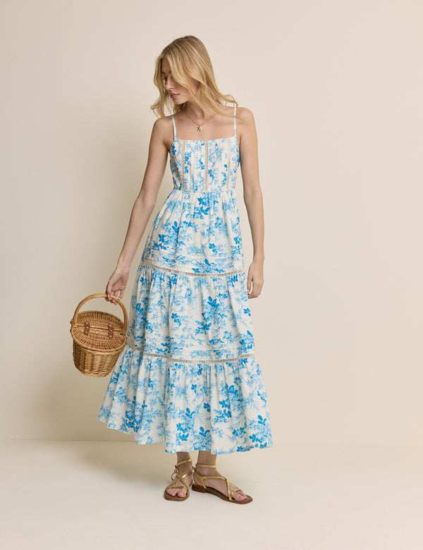 Blue Floral Tiered Hayden Midi Dress