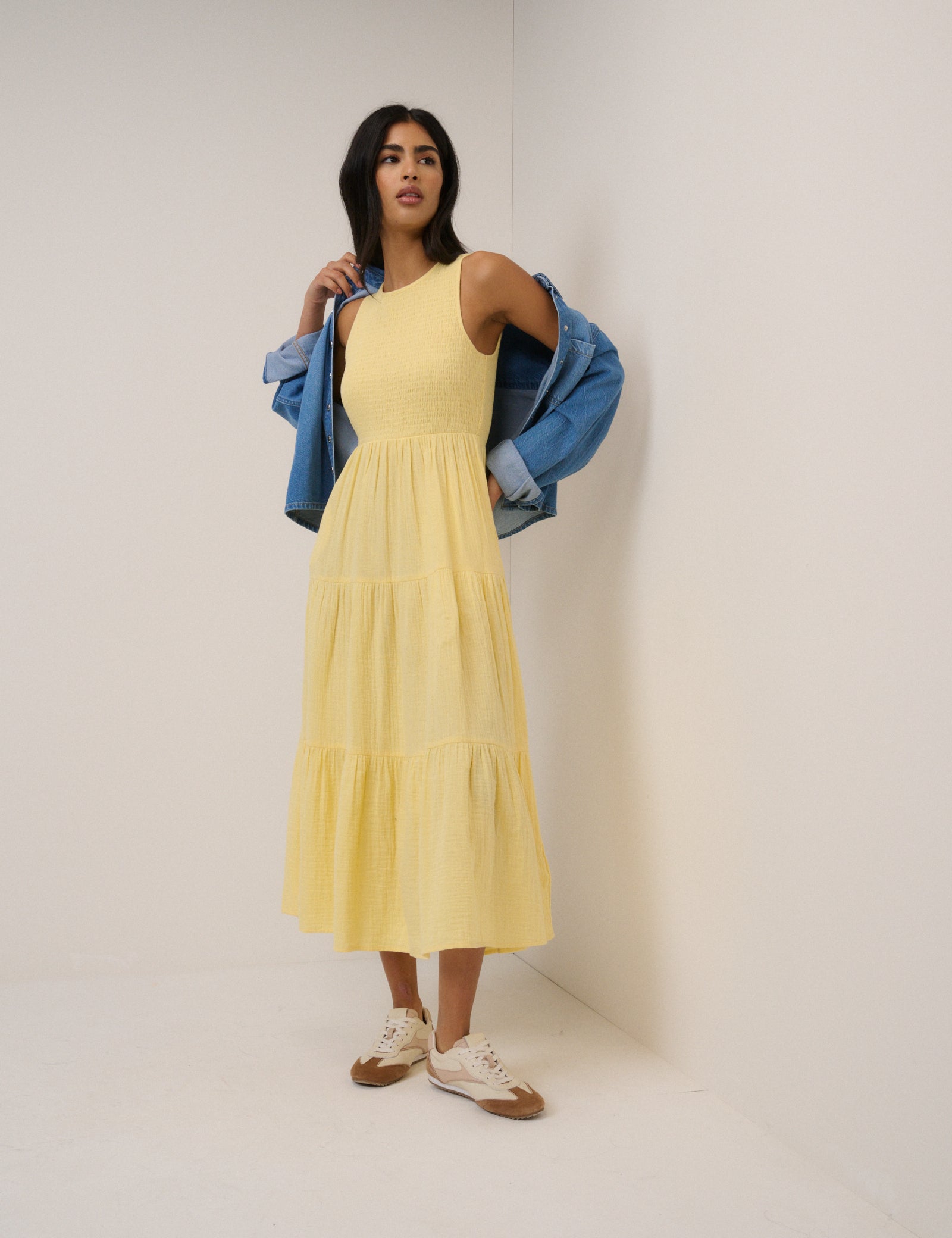 yellow dress sleeveless Yellow Sleeveless Tiered Charlie Midi Dress