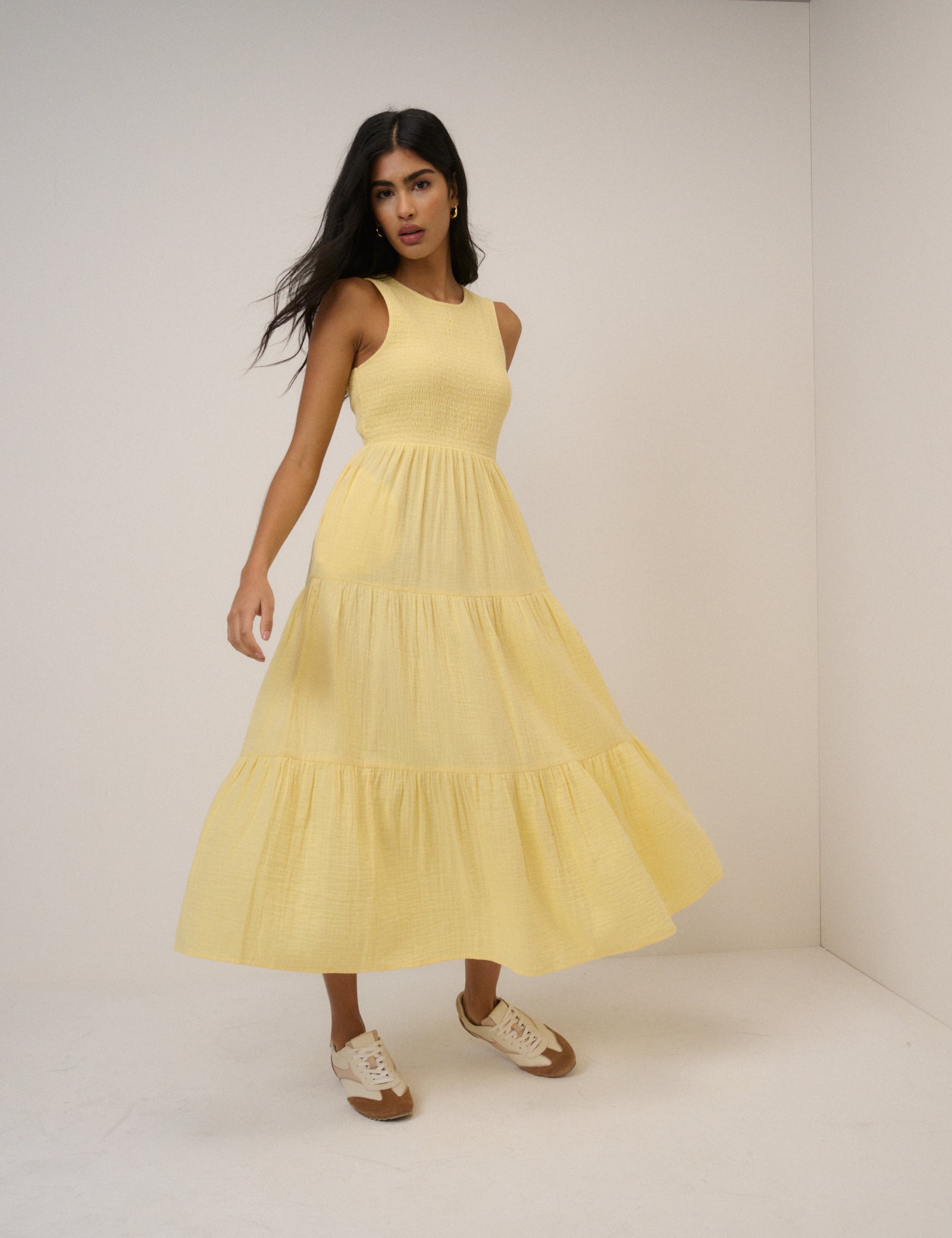 yellow sleeveless dress Yellow Sleeveless Tiered Charlie Midi Dress