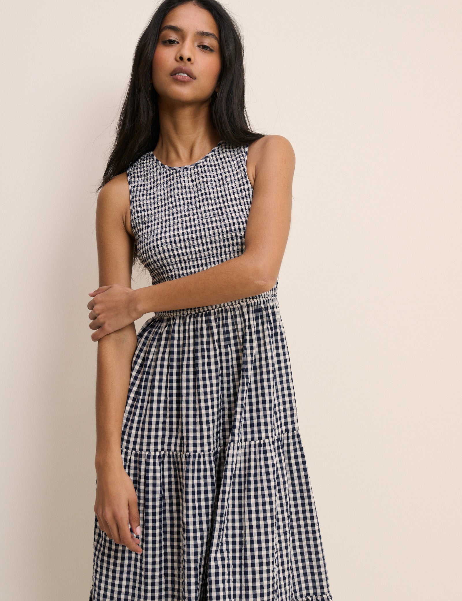 Navy Gingham Sleeveless Charlie Midi Dress