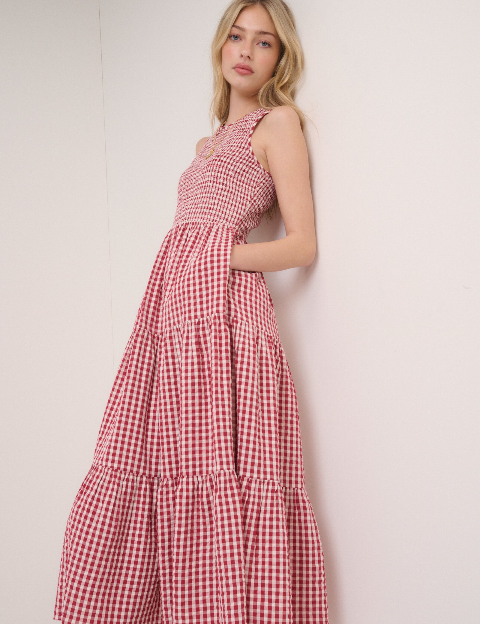 Red Gingham Sleeveless Charlie Midi Dress Red Gingham Sleeveless Charlie Midi Dress
