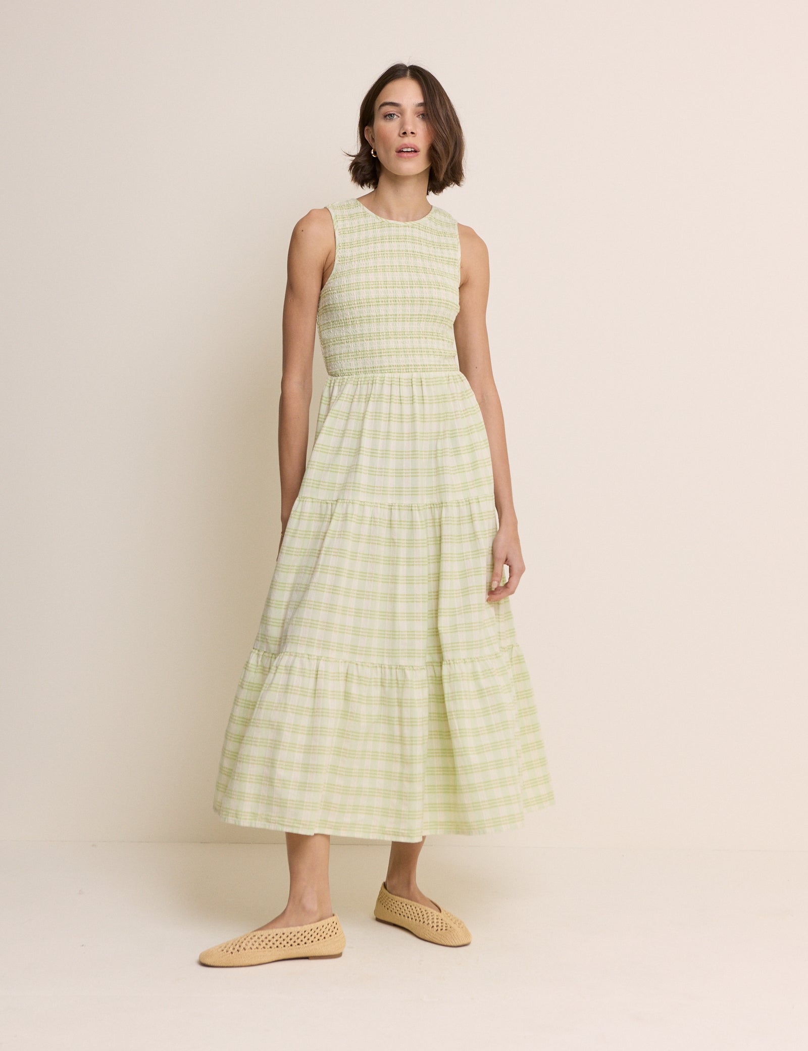 Green Checked Shirred Sleeveless Charlie Midi Dress