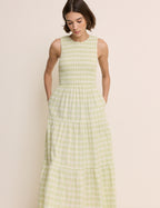 Green Checked Shirred Sleeveless Charlie Midi Dress