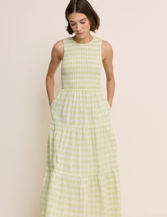 Green Checked Shirred Sleeveless Charlie Midi Dress