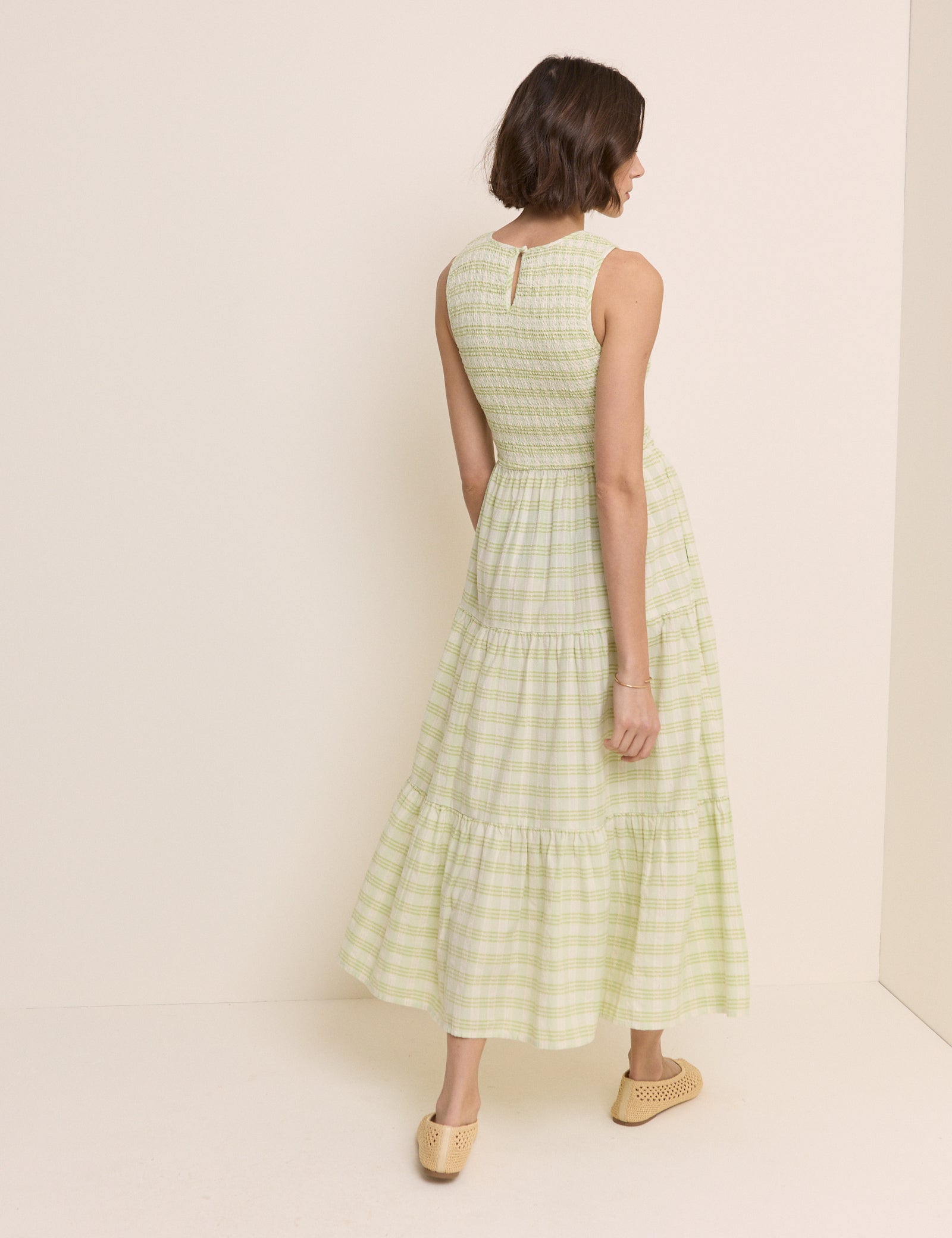 Green Checked Shirred Sleeveless Charlie Midi Dress
