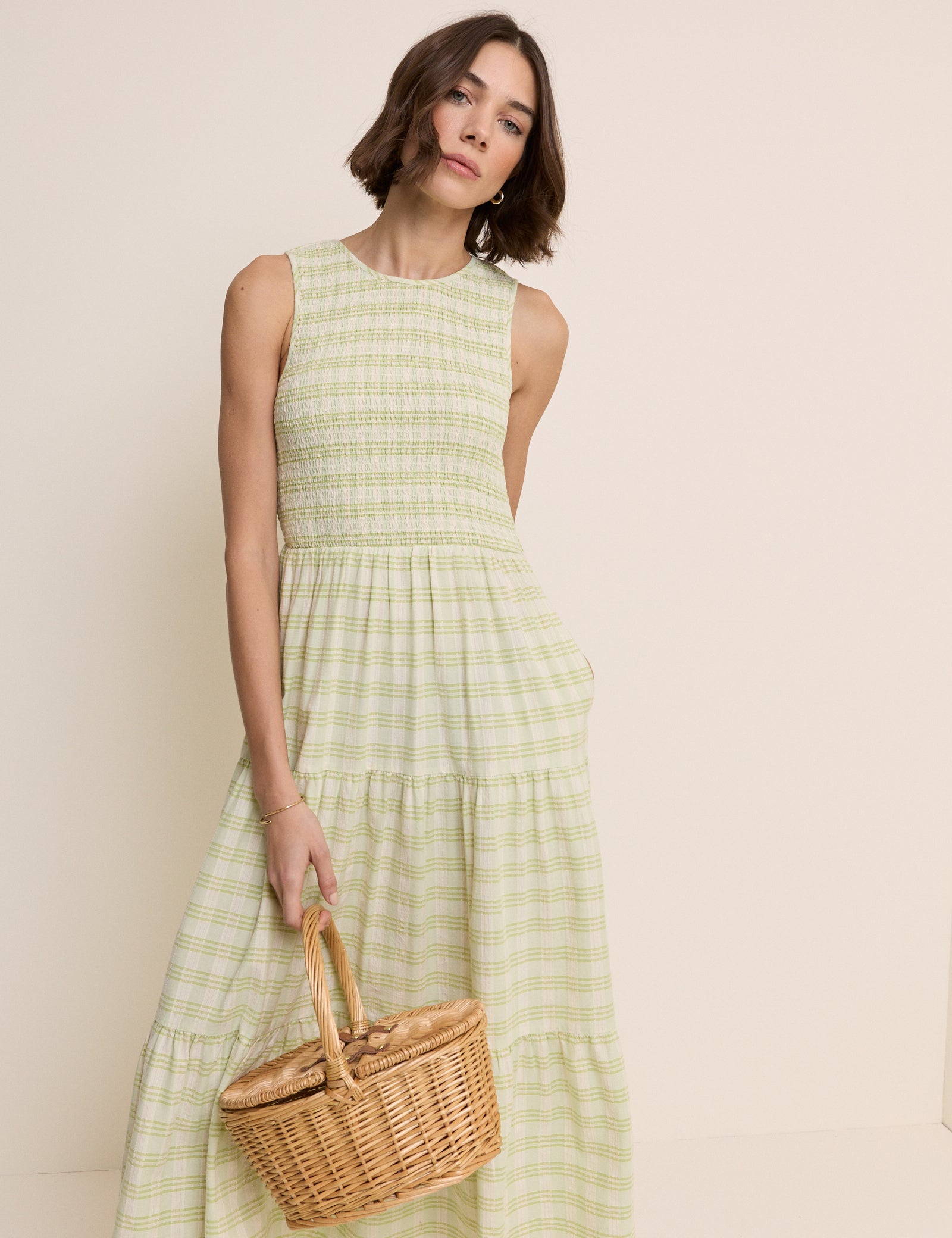 Green Checked Shirred Sleeveless Charlie Midi Dress