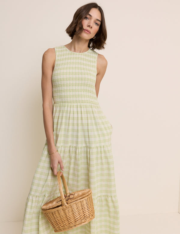 Green Checked Shirred Sleeveless Charlie Midi Dress