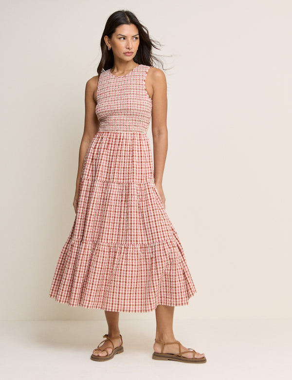 Pink and Red Gingham Shirred Charlie Midi Dress