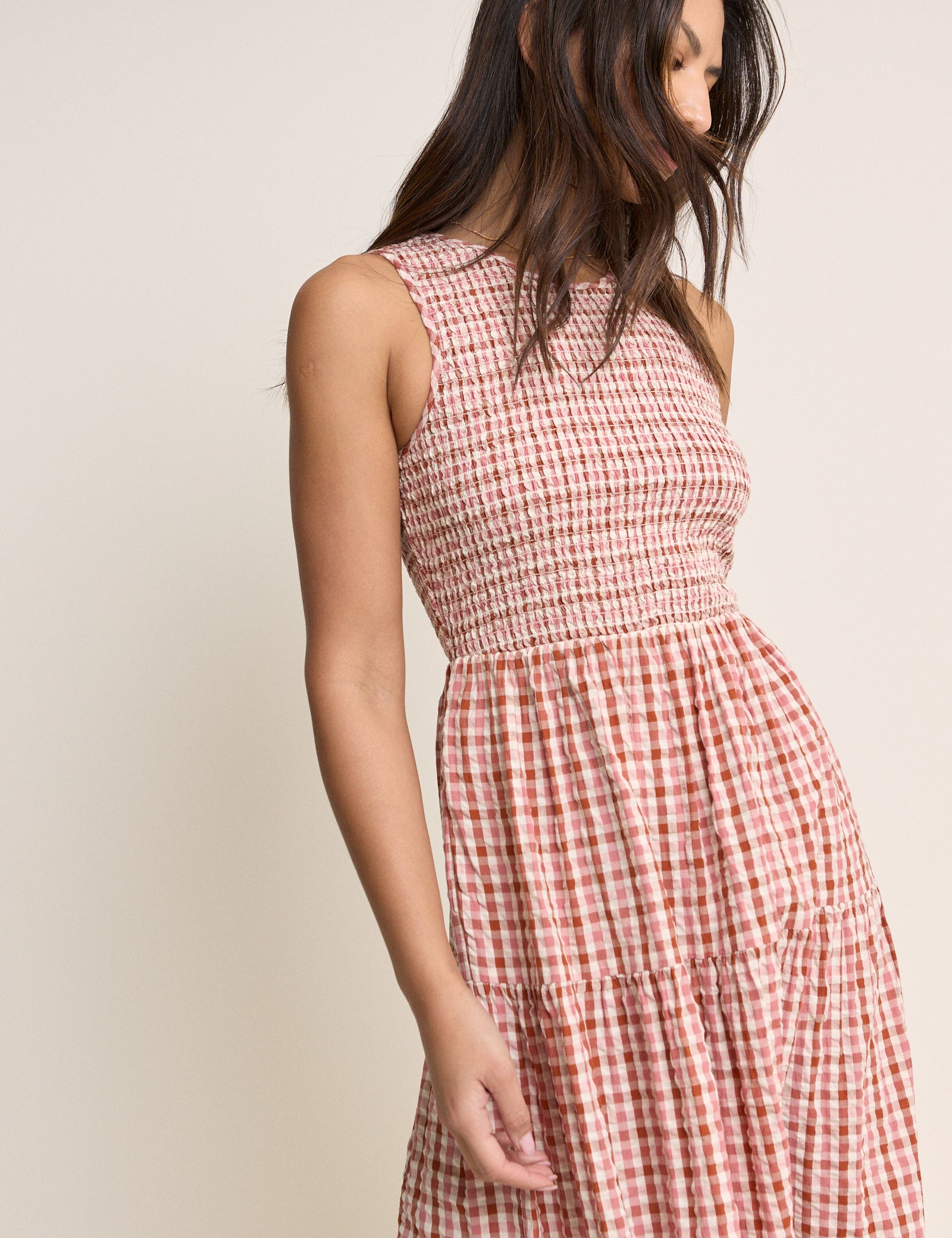 Pink and Red Gingham Shirred Charlie Midi Dress Pink and Red Gingham Shirred Charlie Midi Dress