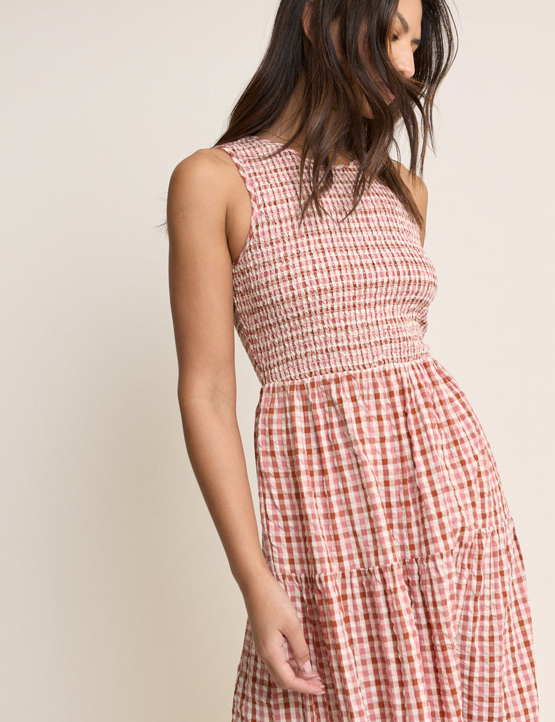 Pink and Red Gingham Shirred Charlie Midi Dress