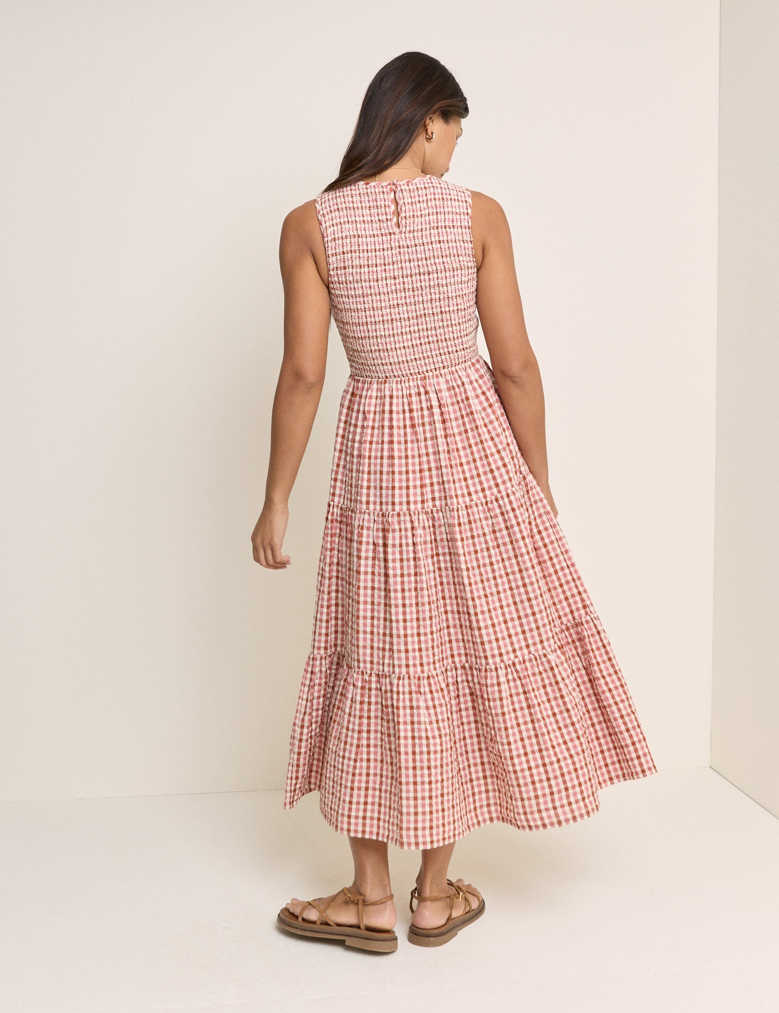 Pink and Red Gingham Shirred Charlie Midi Dress