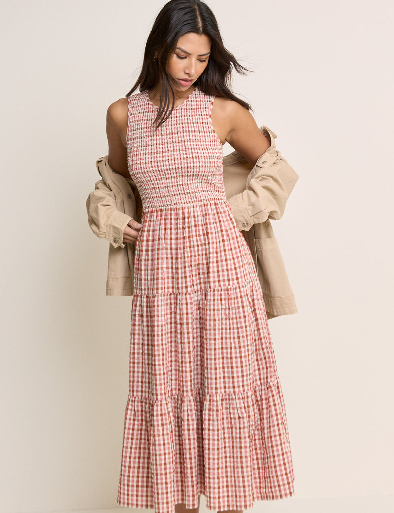 Pink and Red Gingham Shirred Charlie Midi Dress