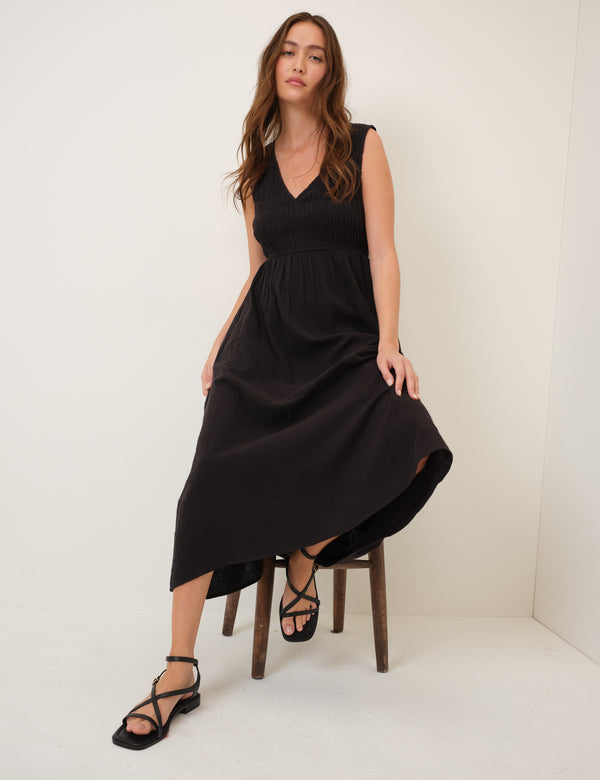 Black Shirred Sleeveless Audrey Midi Dress
