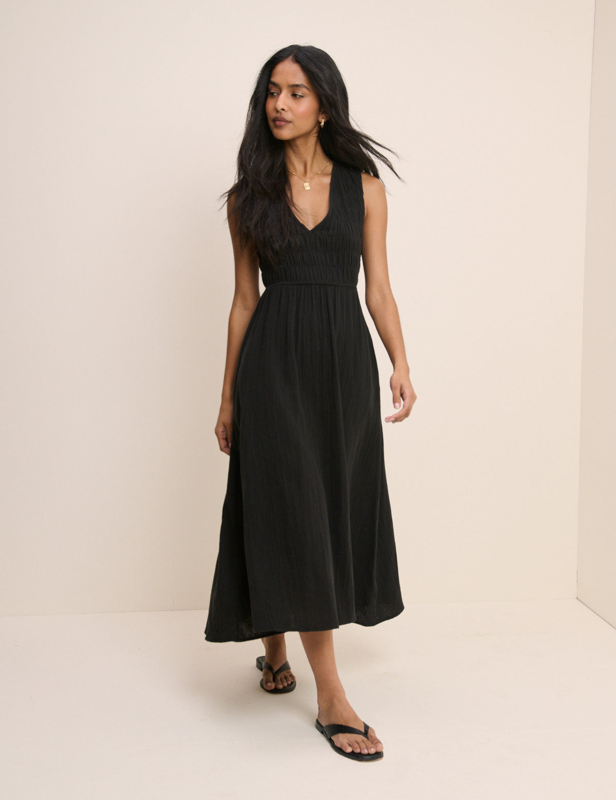Black Shirred Sleeveless Audrey Midi Dress