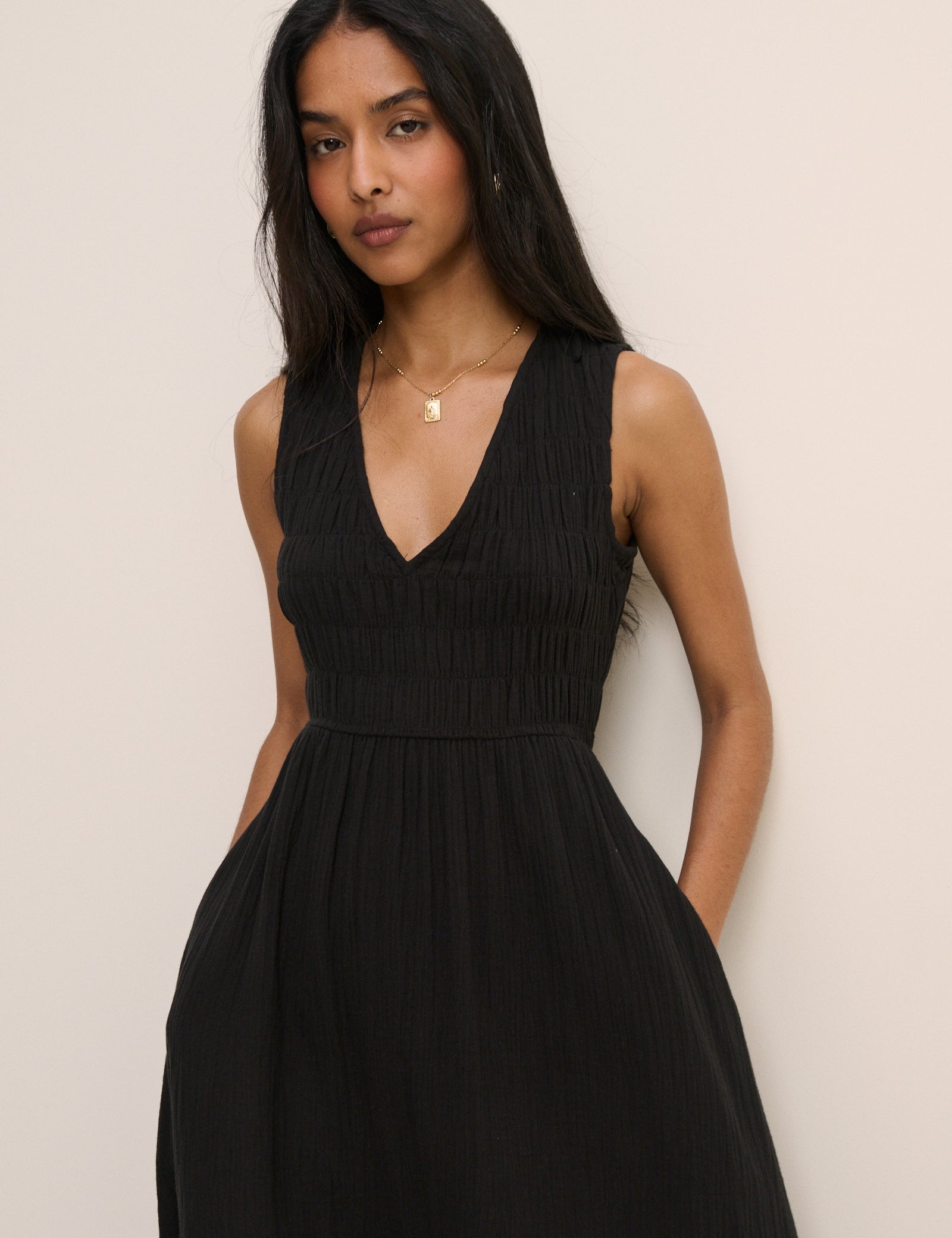 black shirred midi dress Black Shirred Sleeveless Audrey Midi Dress