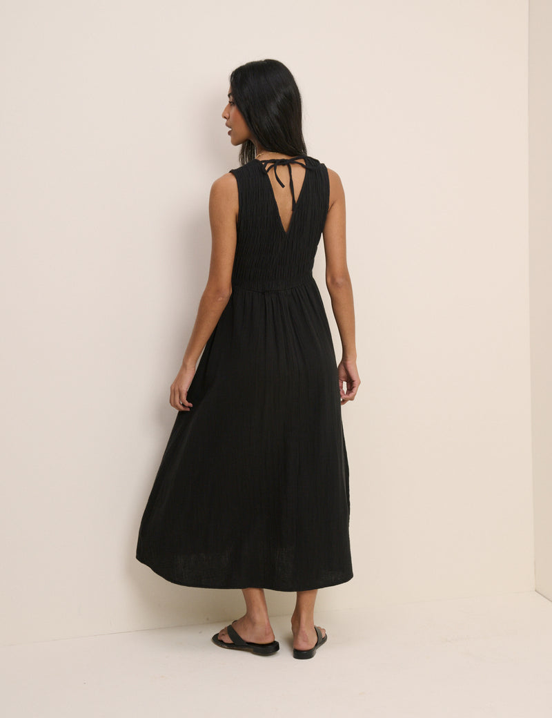 Black Shirred Sleeveless Audrey Midi Dress