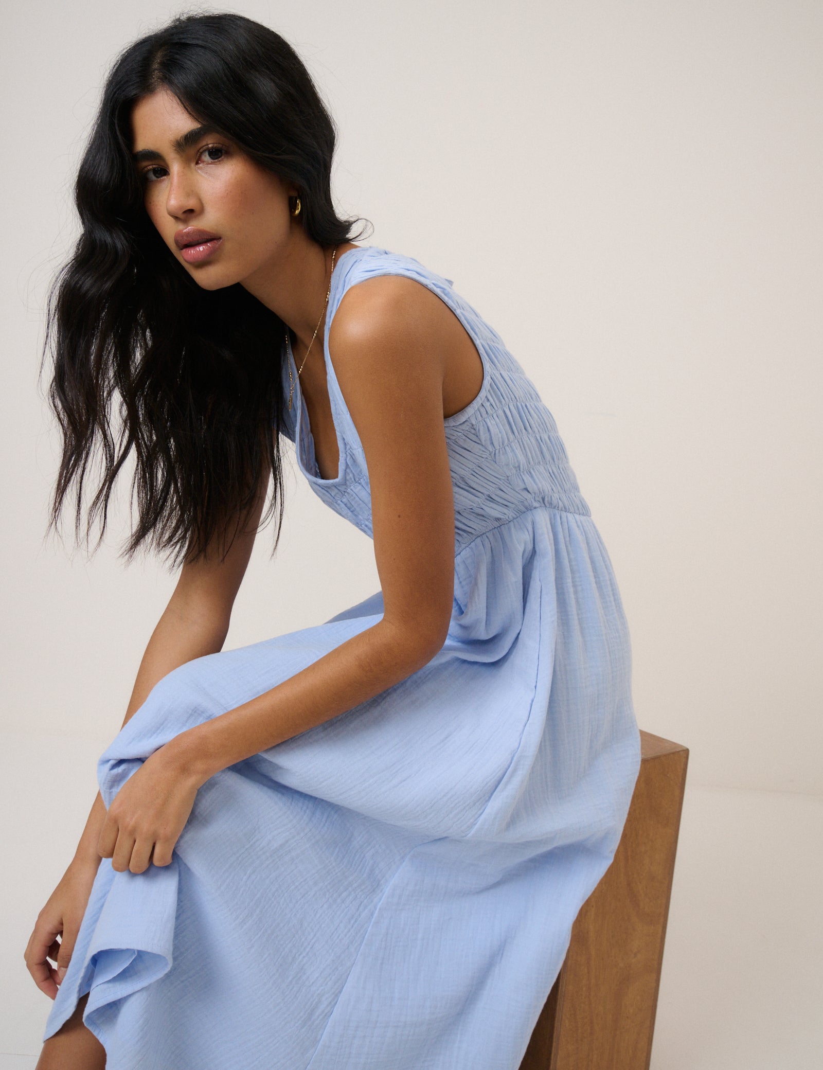 Blue Ruched Sleeveless Audrey Midi Dress