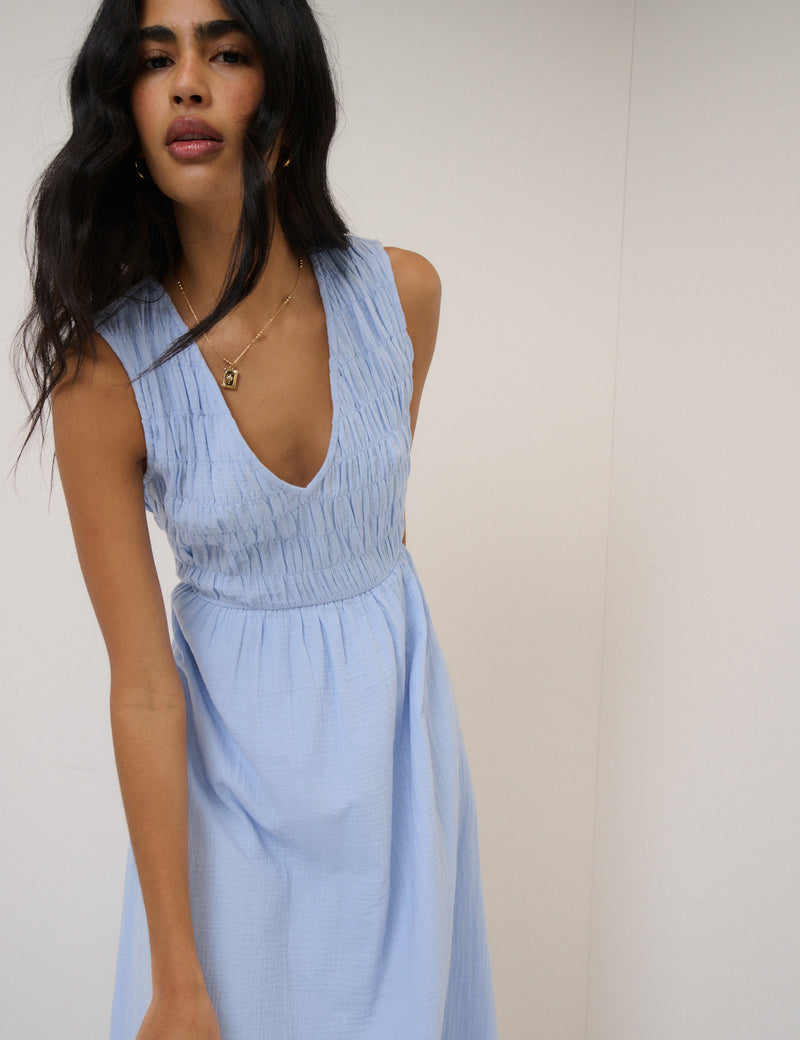 Blue Ruched Sleeveless Audrey Midi Dress