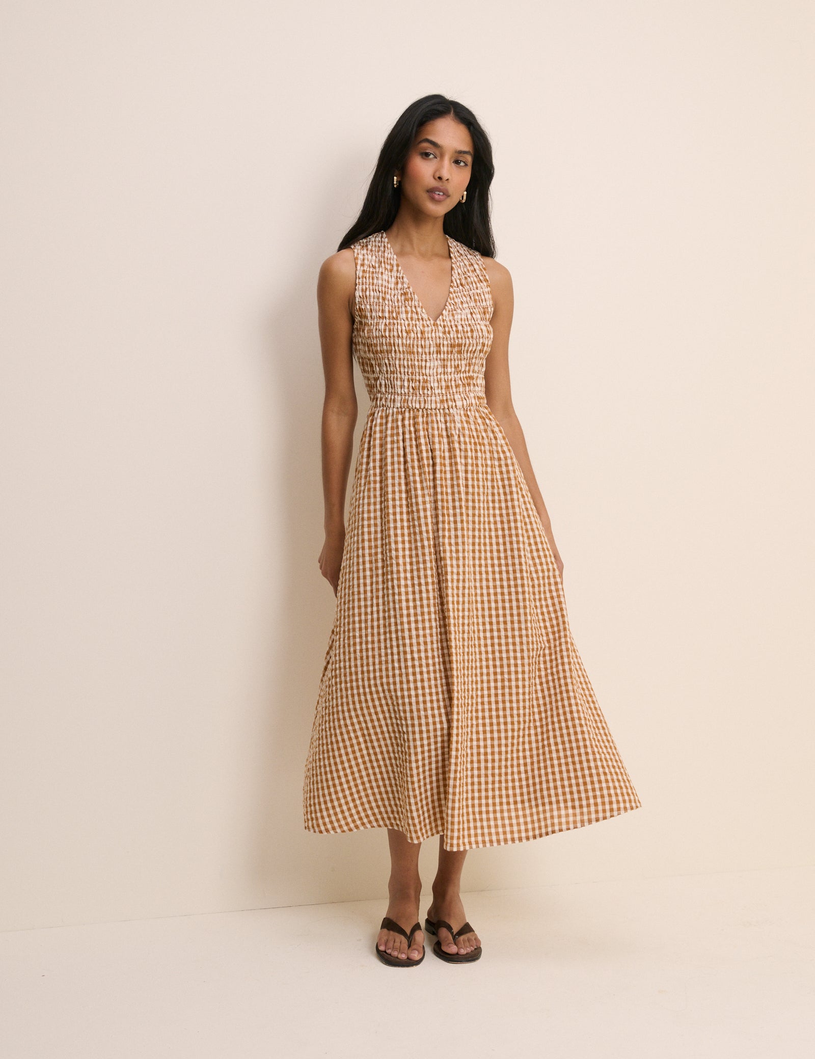 Orange Gingham Shirred Audrey Midi Dress Orange Gingham Shirred Audrey Midi Dress