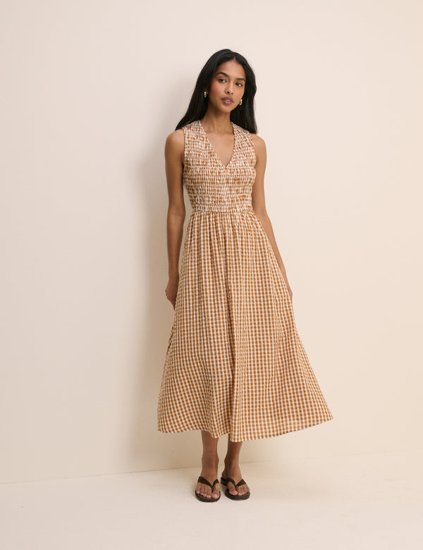 Orange Gingham Shirred Audrey Midi Dress