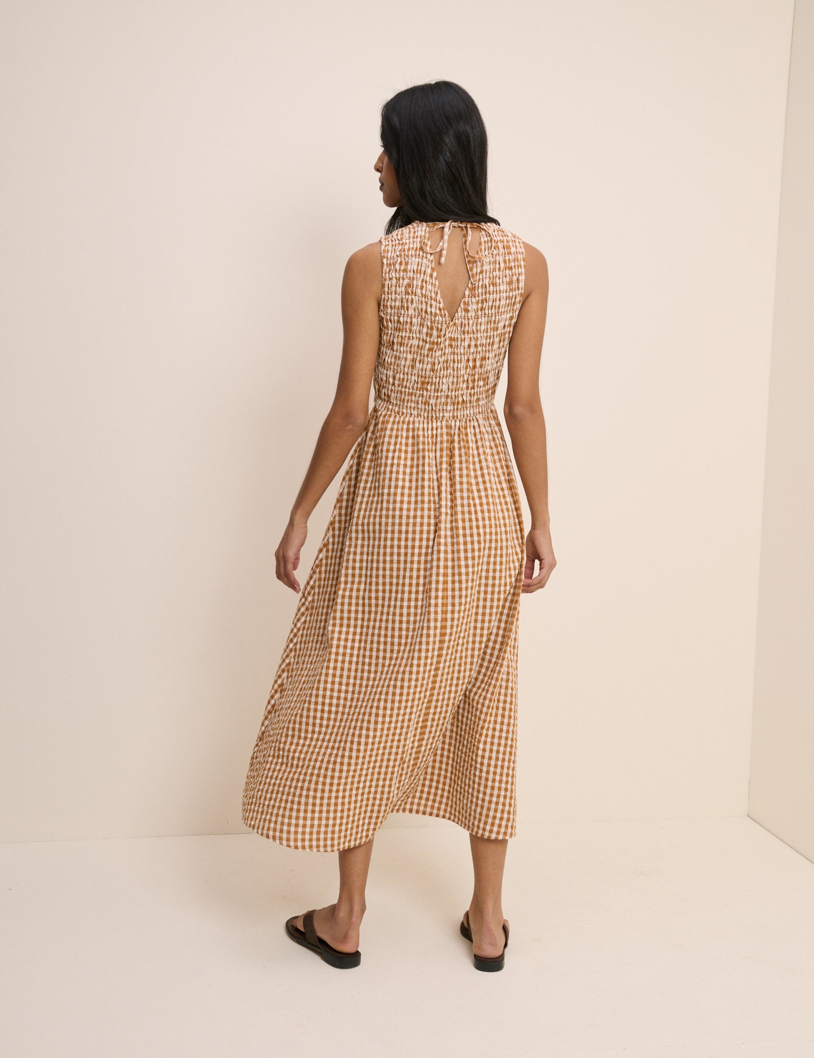 Orange Gingham Shirred Audrey Midi Dress