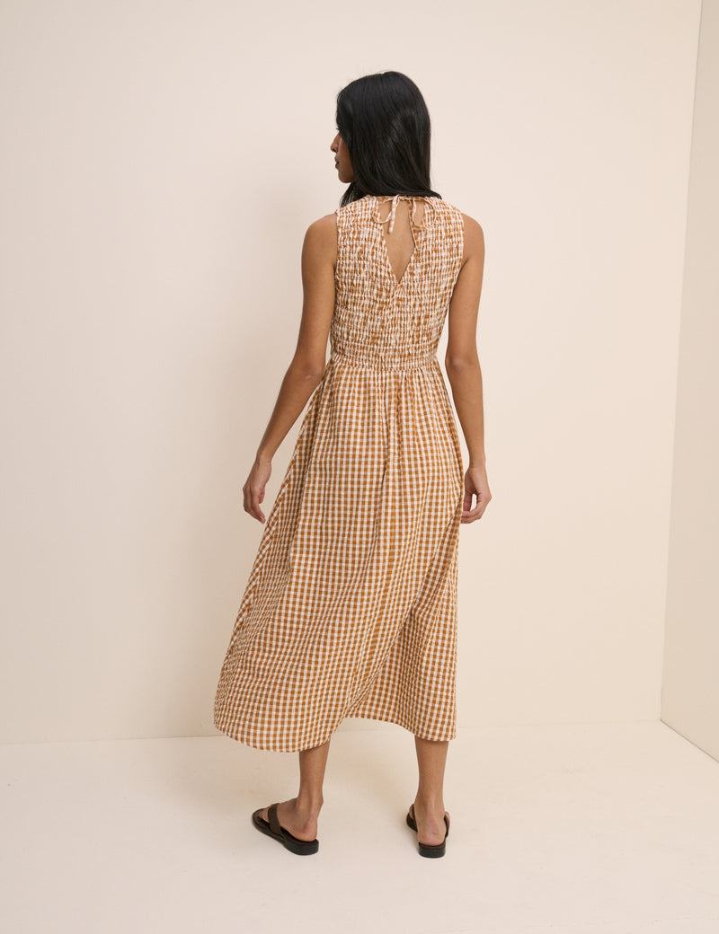 Orange Gingham Shirred Audrey Midi Dress