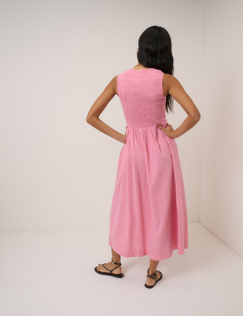 Pink Ruched Sleeveless Kinsley Midi Dress