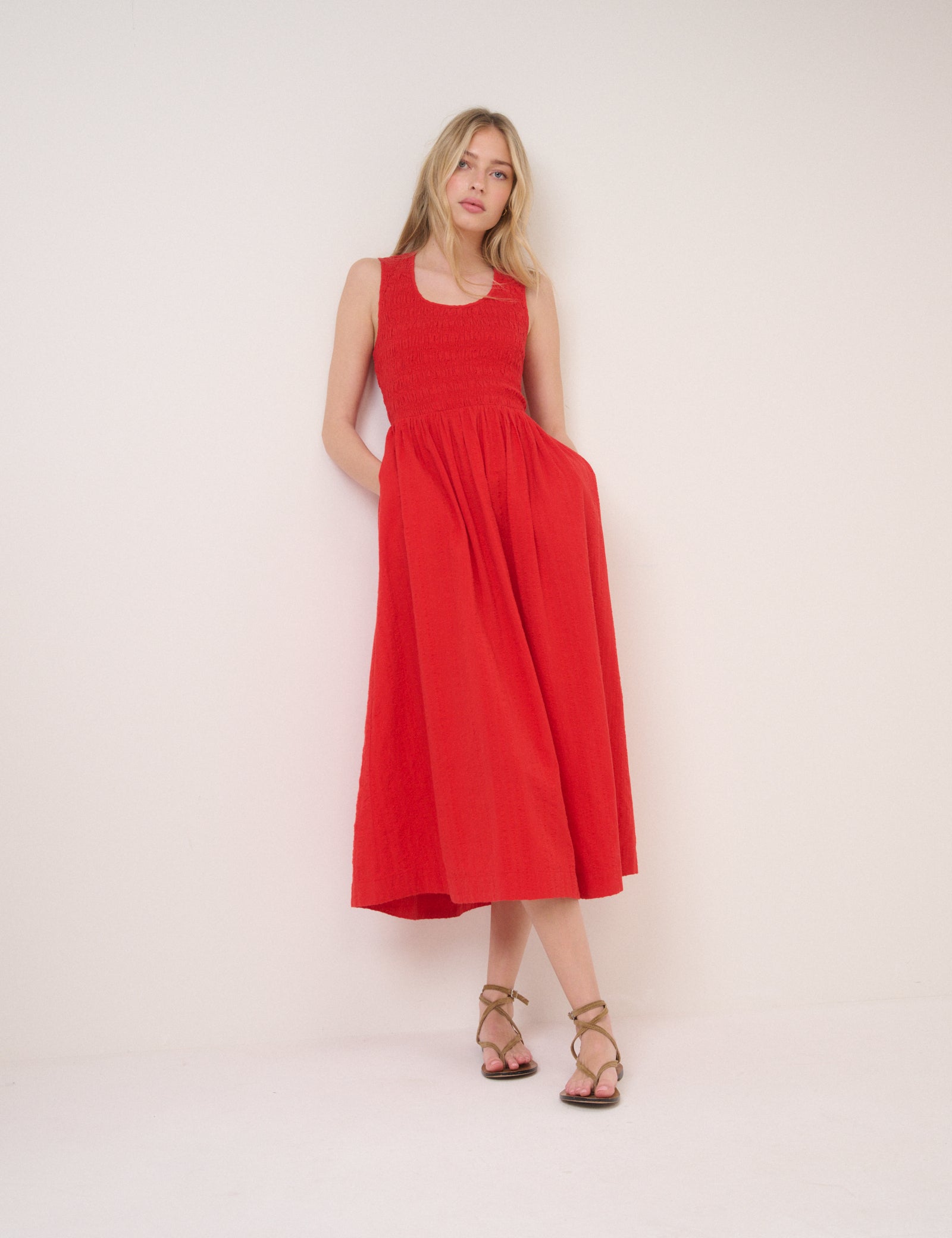 red shoulderless dress Red Shirred Sleeveless Kinsley Midi Dress