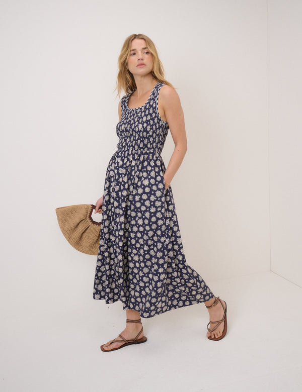 Navy Floral Shirred Kinsley Midi Dress