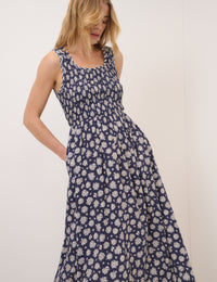 Navy Floral Shirred Kinsley Midi Dress