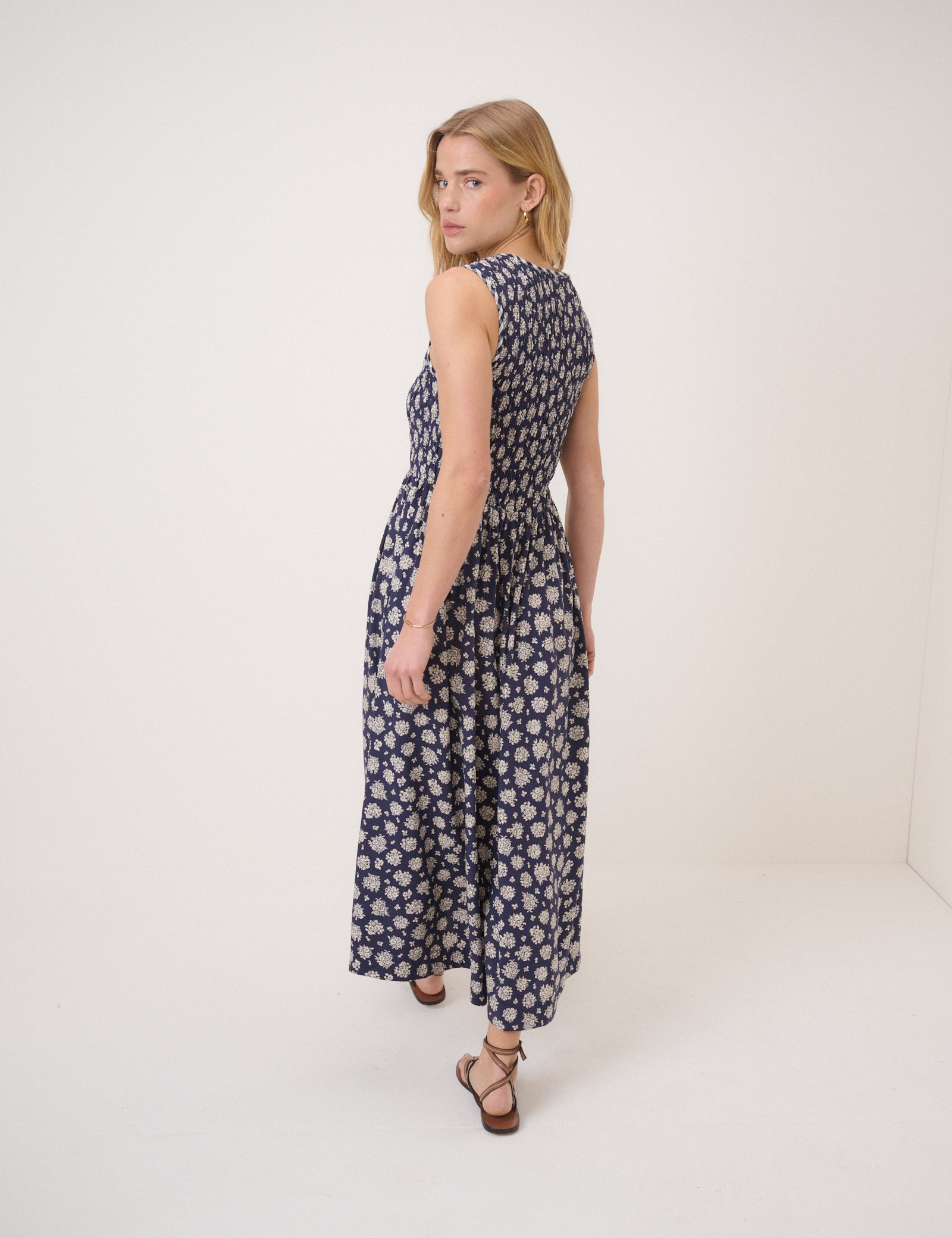 Navy Floral Shirred Kinsley Midi Dress Navy Floral Shirred Kinsley Midi Dress