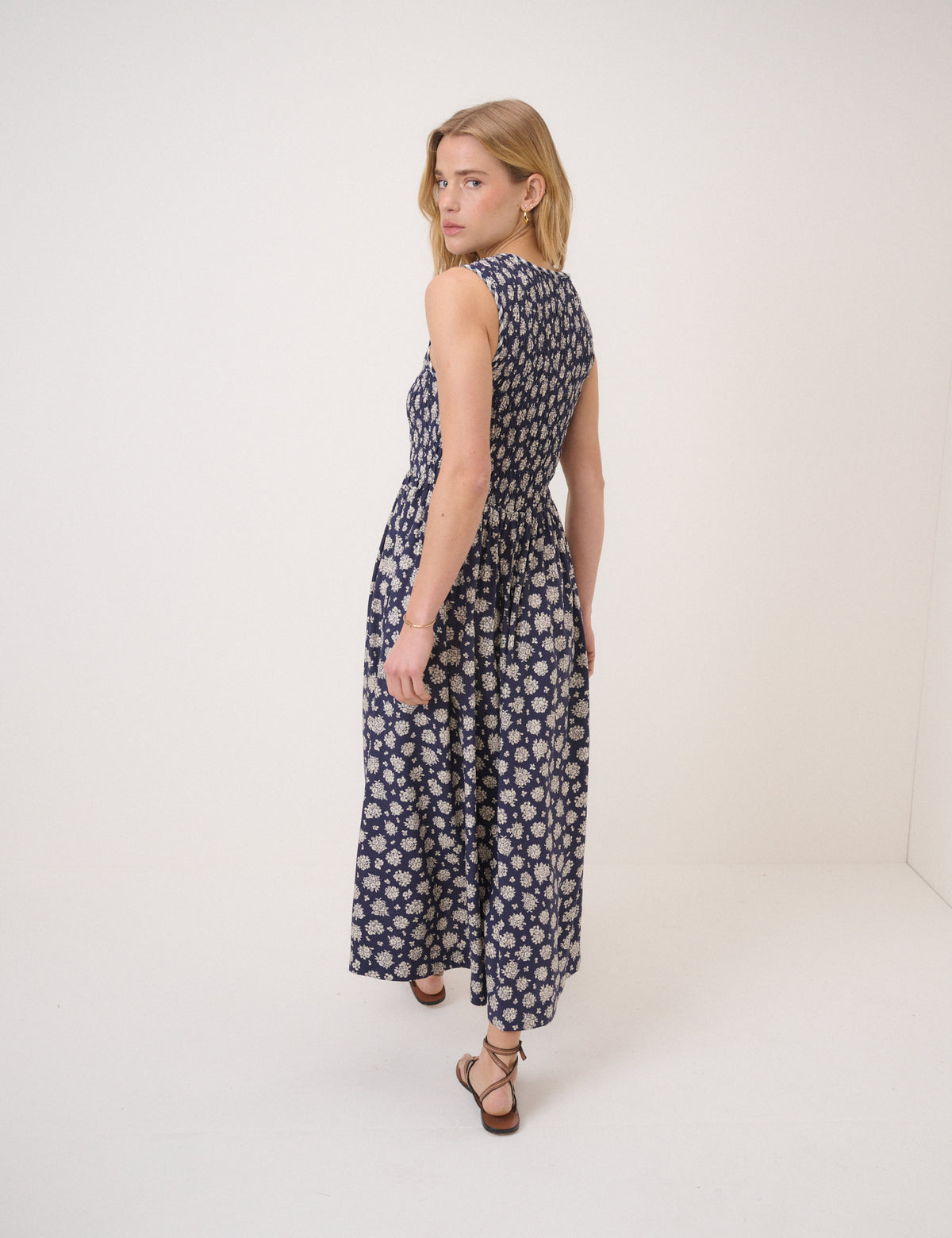Navy Floral Shirred Kinsley Midi Dress