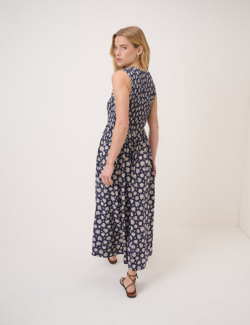 Navy Floral Shirred Kinsley Midi Dress