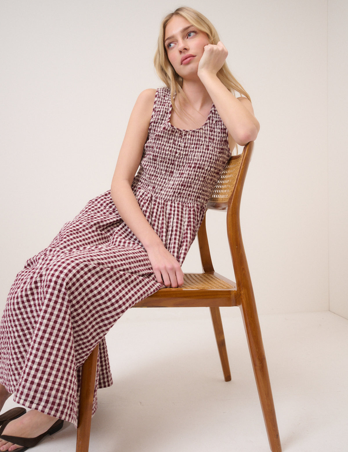 Burgundy Gingham Shirred Kinsley Midi Dress