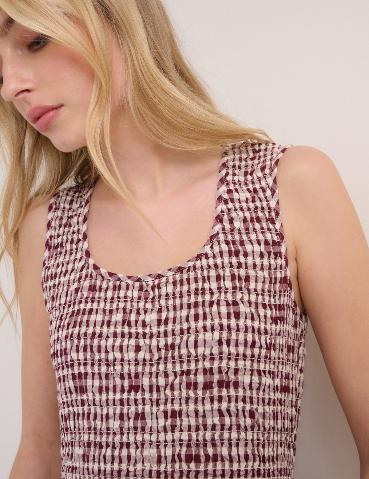 Burgundy Gingham Shirred Kinsley Midi Dress
