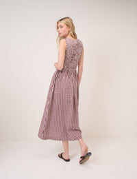 Burgundy Gingham Shirred Kinsley Midi Dress