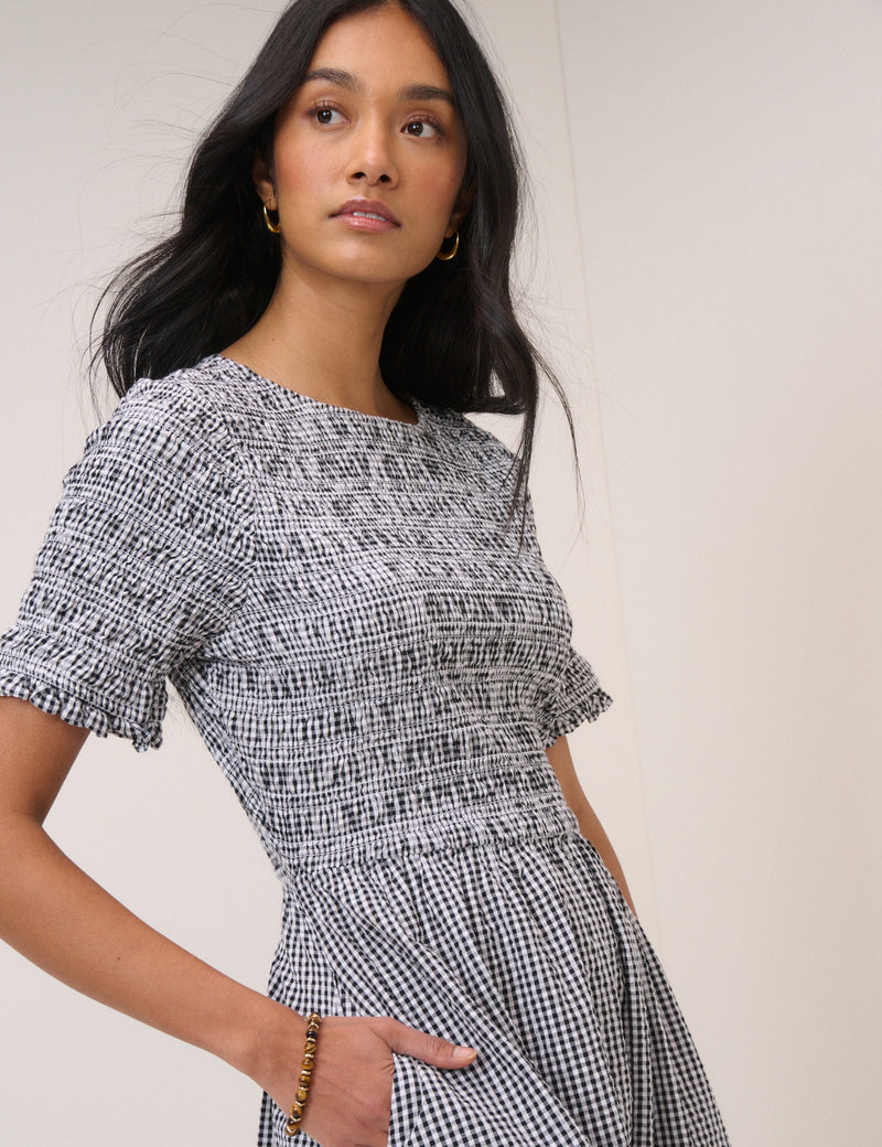 gingham shirred midi dress Black Gingham Shirred Leah Midi Dress