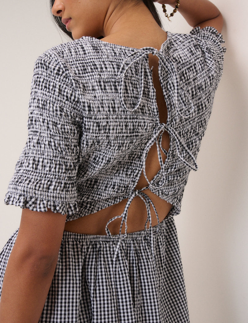 gingham shirred midi dress Brown Puff Sleeve Shirred Gingham Midi Dress