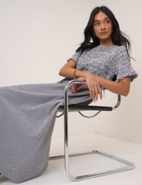 Navy Gingham Shirred Leah Midi Dress