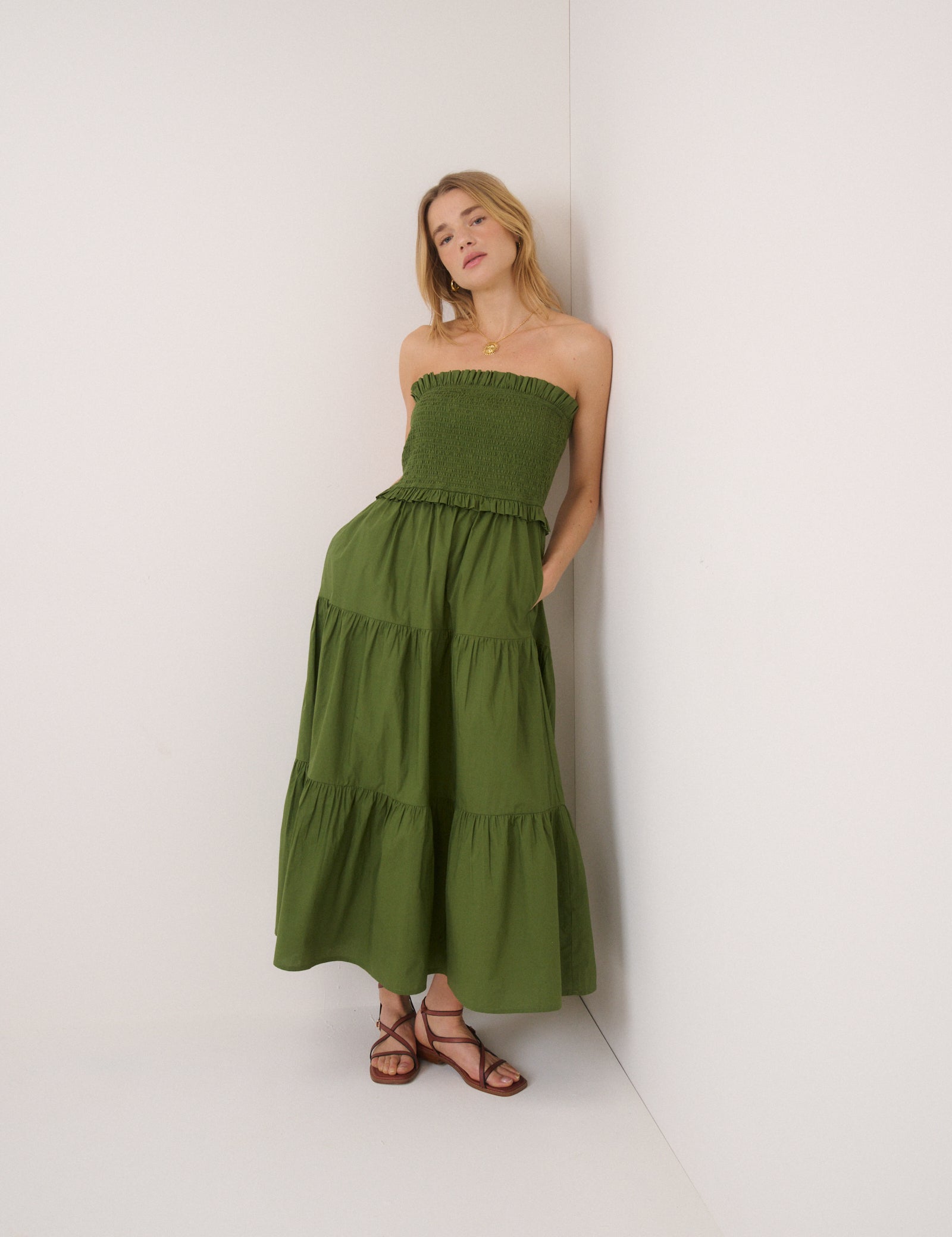 Khaki Shirred Bandeau Tiered Eva Midi Dress