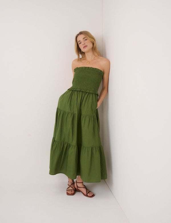 Khaki Shirred Bandeau Tiered Eva Midi Dress