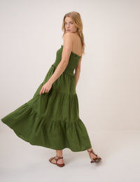 Khaki Shirred Bandeau Tiered Eva Midi Dress
