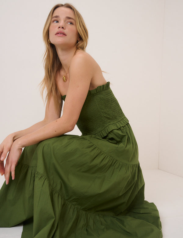 Khaki Shirred Bandeau Tiered Eva Midi Dress
