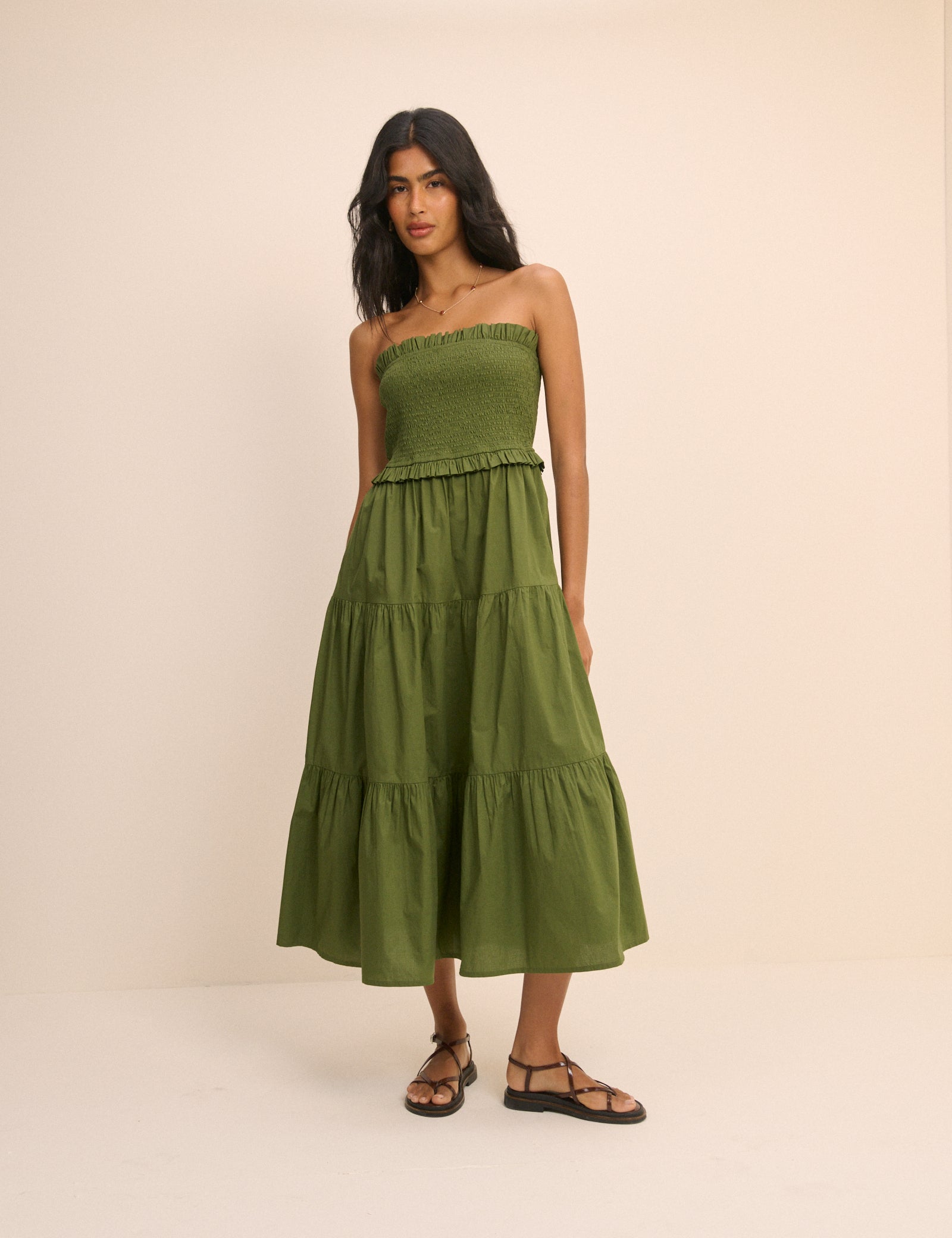 khaki tiered midi dress Nobody's Child Charlie sleeveless tiered midi dress in khaki