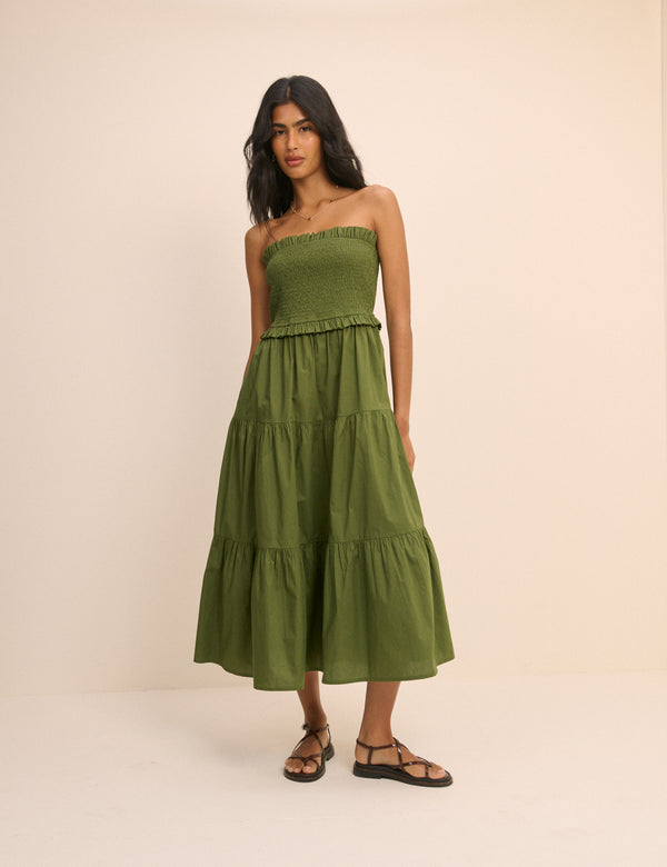 Khaki Shirred Bandeau Tiered Eva Midi Dress