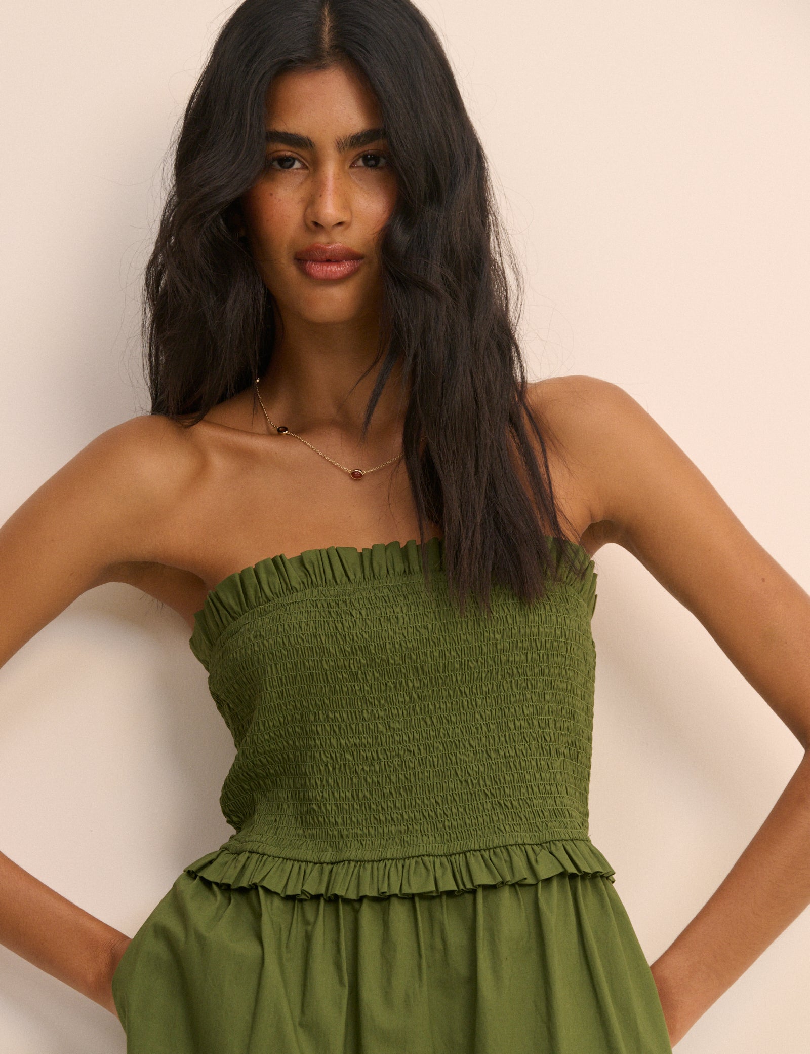 Khaki Shirred Bandeau Tiered Eva Midi Dress