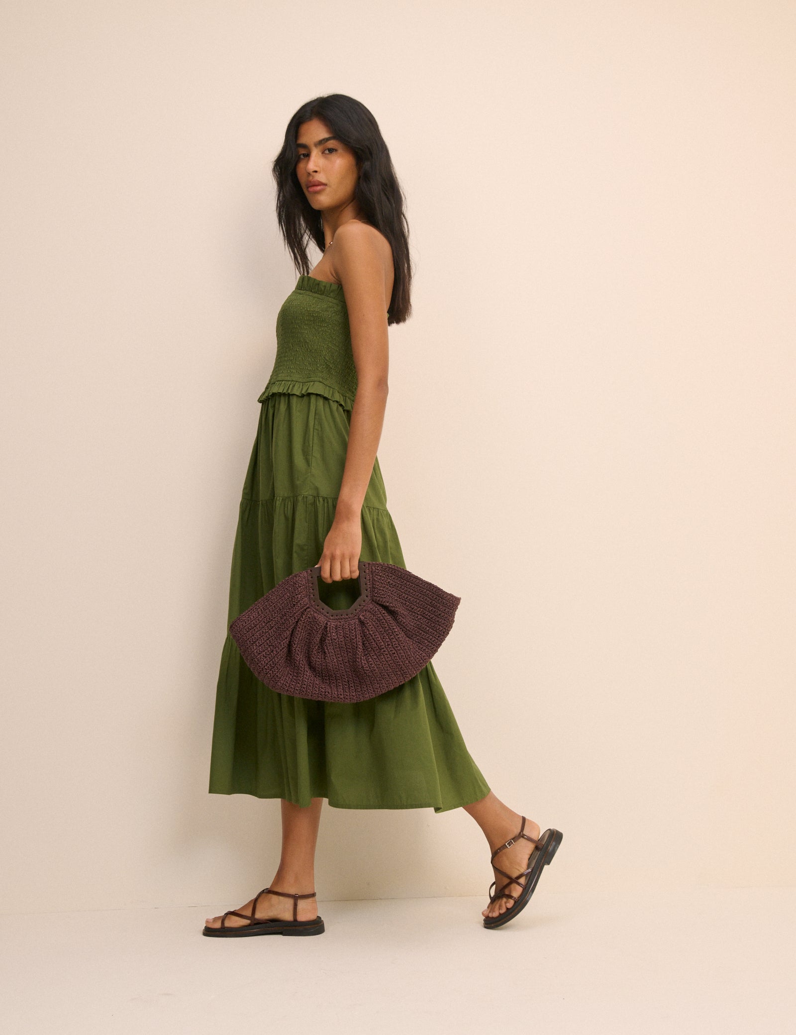 khaki tiered midi dress Nobody's Child Charlie sleeveless tiered midi dress in khaki